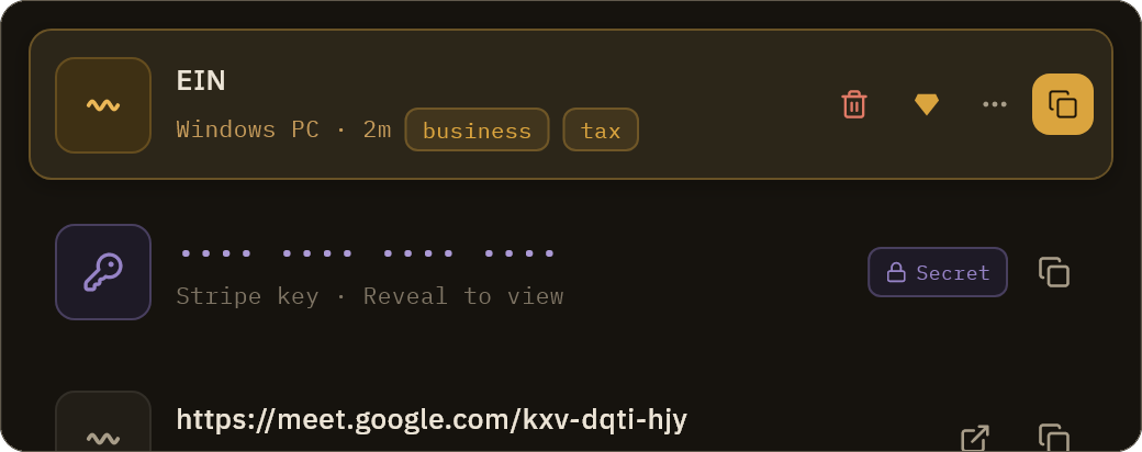A detected Stripe key in the real Relic app: the value masked with dots, a Secret badge, and reveal to view