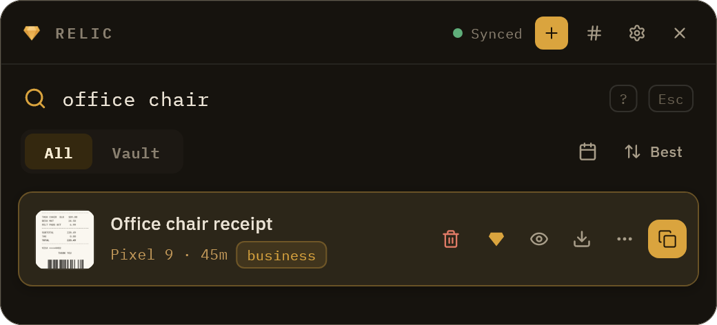 The real Relic popup: searching for office chair returns a receipt screenshot, thumbnail included